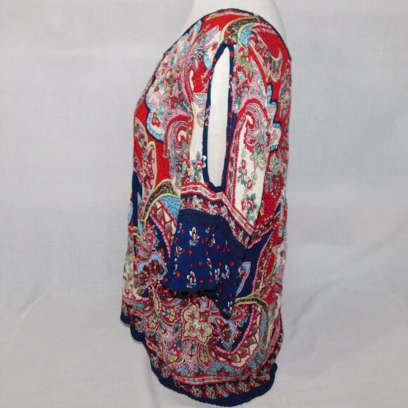 Bila Womens XL Rayon Cold Shoulder multicolour Short Sleeve Peasant Top Blouse - Picture 8 of 12